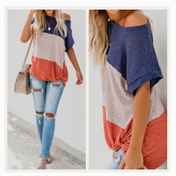Tops - Colorblock Tee Knot Front Knit Top Shirt